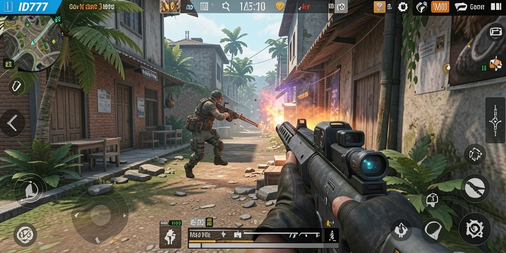 Screenshot gameplay ID777 menunjukkan pertempuran TPS yang mendebarkan.