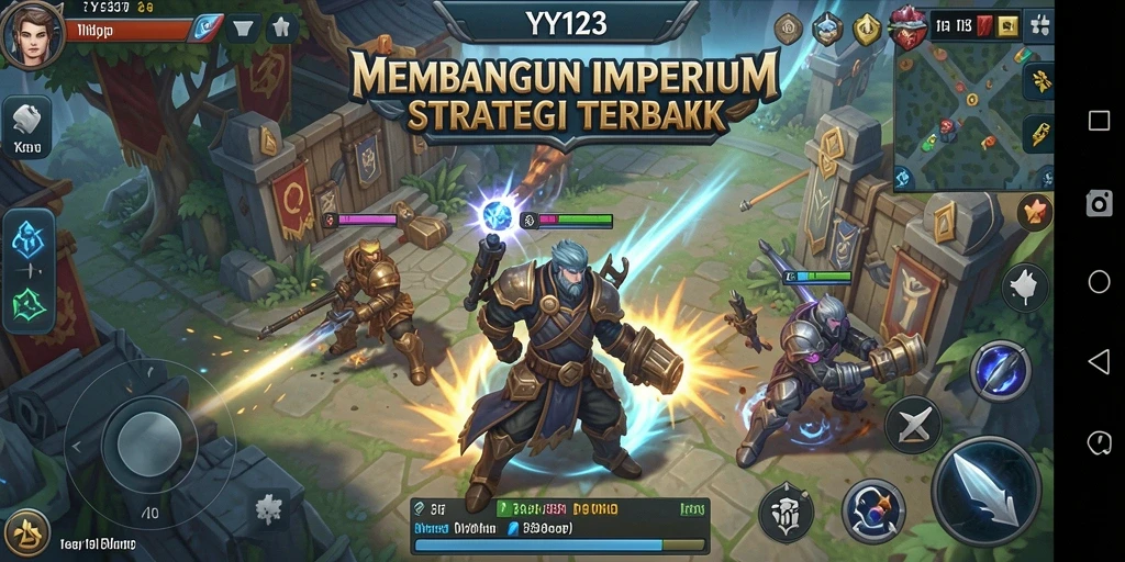 Screenshot utama YY123 menampilkan tindakan seru dalam membangun dan bertempur.